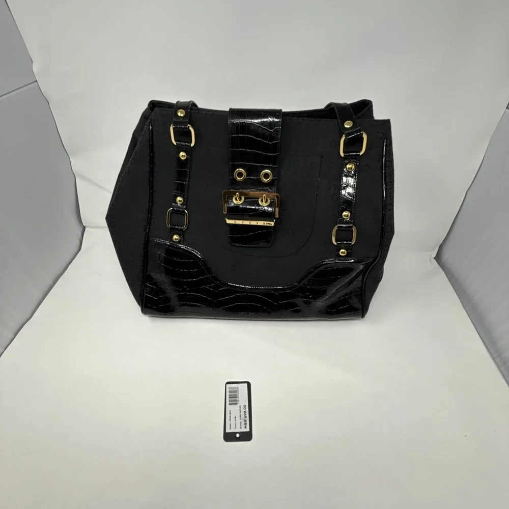 Guess Black Monogrammed Shoulder Bag Buckle‎ Detail Faux Croc Trim Satchel Y2K